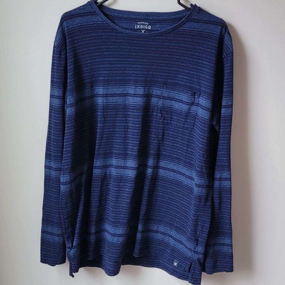 American Eagle Indigo Blue Striped Men's Shirt, Cotton Blend. Size L